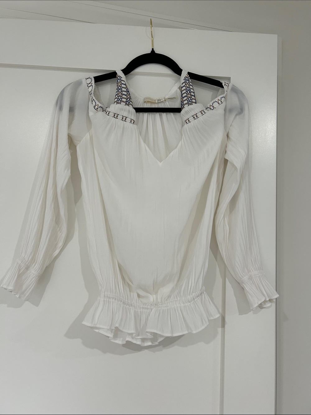 Ramy Brook White Cold-Shoulder V-Neck Blouse with Embroidered Straps